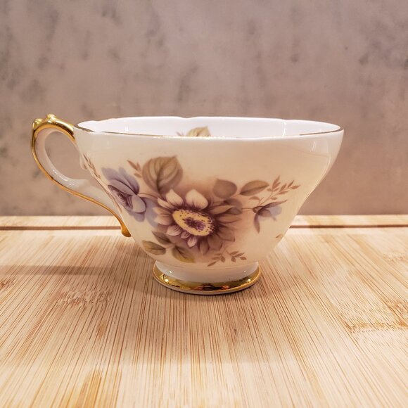 Royal Sutherland Bone China footed Teacup Blue Purple flowers gold Vtg England - Picture 1 of 6